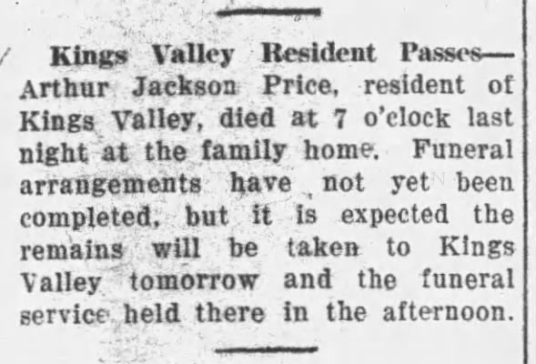 Obituary for Arthur Jackson Price 1879-1925